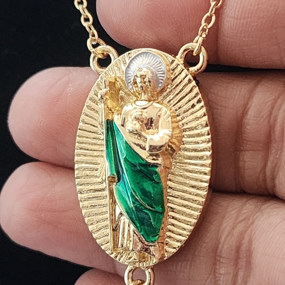 Gold with Clear Crystal Rosary Necklace St Jude Pendant - Picture 3 of 7